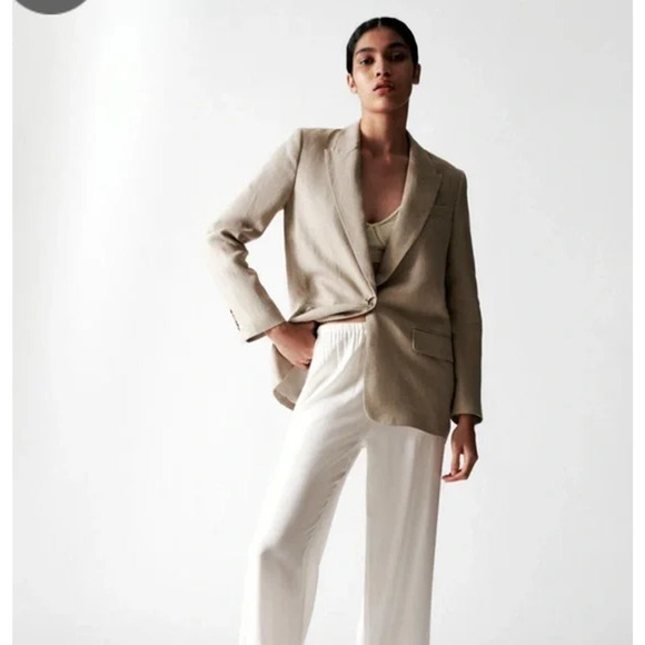 Zara Long Sleeve Peak Lapel Straight Cut Single Breasted Blazer Beige  Women's 2